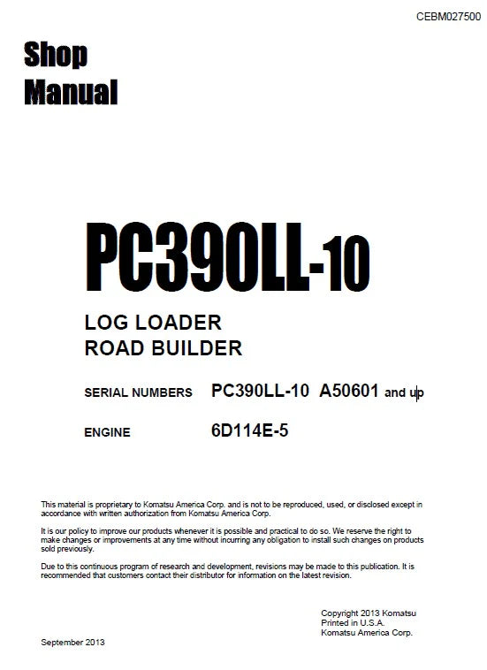 Komatsu PC390LL-10 Log Loader Road Builder Pdf Shop Repair Service Manual (Sn A50601 And UP)