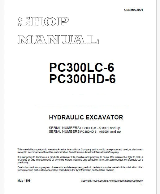 Komatsu PC3OOLC-6, PC300HD-6 Hydraulic Excavator Pdf Shop Repair Service Manual Sn A83001 and UP