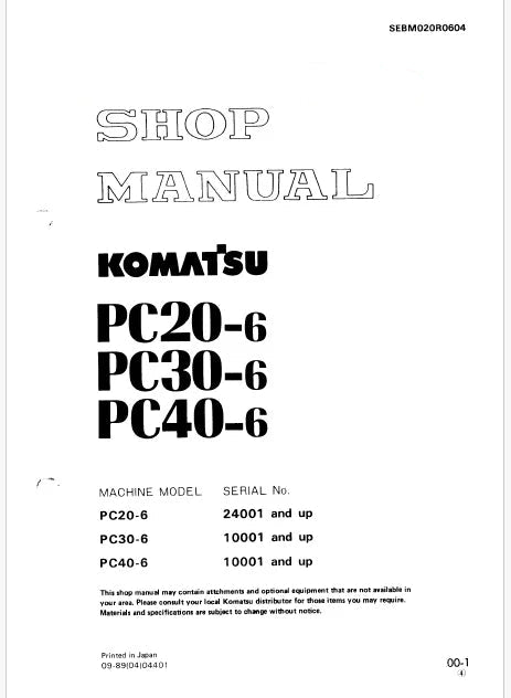 Komatsu PC40-6 Hydraulic Excavator Pdf Repair Service Manual Sn 10001 and UP