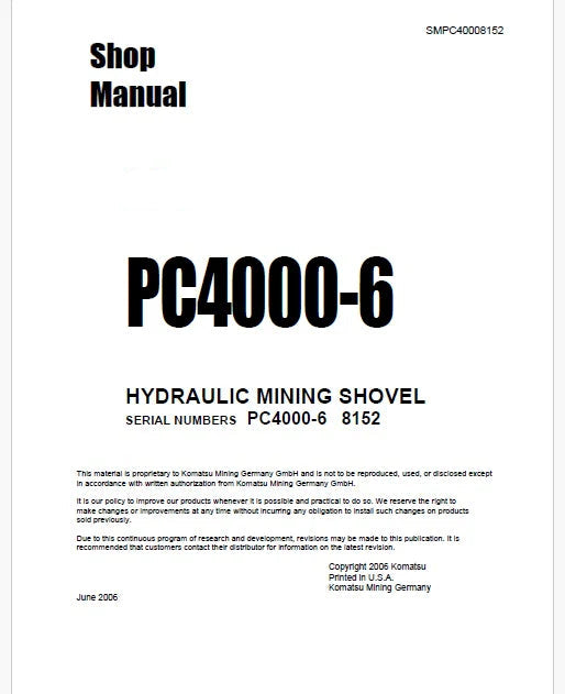 Komatsu PC4000-6 Hydraulic Mining Shovel Pdf Repair Service Manual Sn 8152