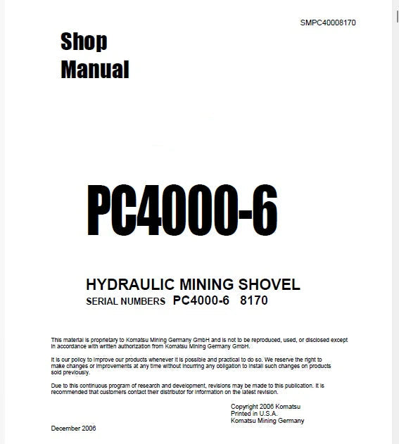 Komatsu PC4000-6 Hydraulic Mining Shovel Pdf Repair Service Manual Sn 8170