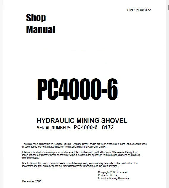 Komatsu PC4000-6 Hydraulic Mining Shovel Pdf Repair Service Manual Sn 8172