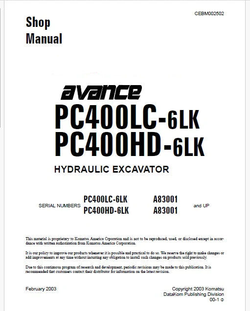 Komatsu PC400LC-6LK, PC400HD-6LK Avance Hydraulic Excavator Pdf Shop Repair Service Manual Sn A83001 and UP