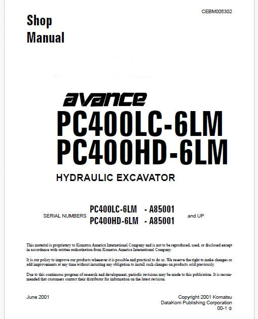 Komatsu PC400LC-6LM, PC400HD-6LM Avance Hydraulic Excavator Pdf Shop Repair Service Manual Sn A85001 and UP