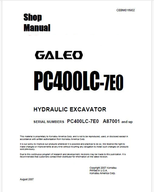 Komatsu PC400LC-7E0 Hydraulic Excavator Pdf Shop Repair Service Manual Sn A87001 and UP