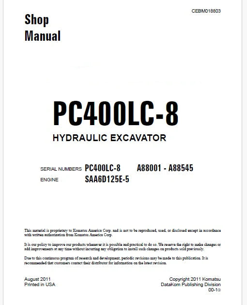 Komatsu PC400LC-8 Hydraulic Excavator Pdf Shop Repair Service Manual Sn A88001 - A88545 and UP
