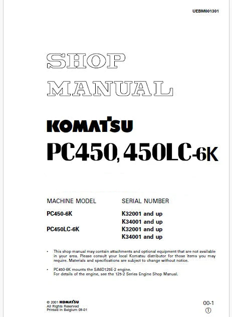 Komatsu PC450-6K Hydraulic Excavator Pdf Shop Repair Service Manual Sn K32001 and UP