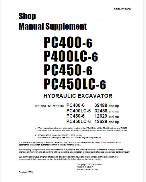 Komatsu PC450-6, PC450LC-6 Hydraulic Excavator Pdf Shop Manual Supplement Sn 12629 and UP