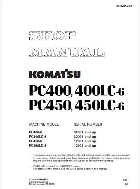 Komatsu PC450-6, PC450LC-6 Hydraulic Excavator Pdf Shop Repair Service Manual Sn 12001 and UP