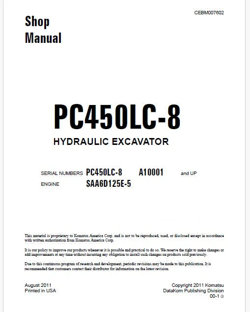 Komatsu PC450LC-8 Hydraulic Excavator Pdf Shop Repair Service Manual Sn A10001 and UP