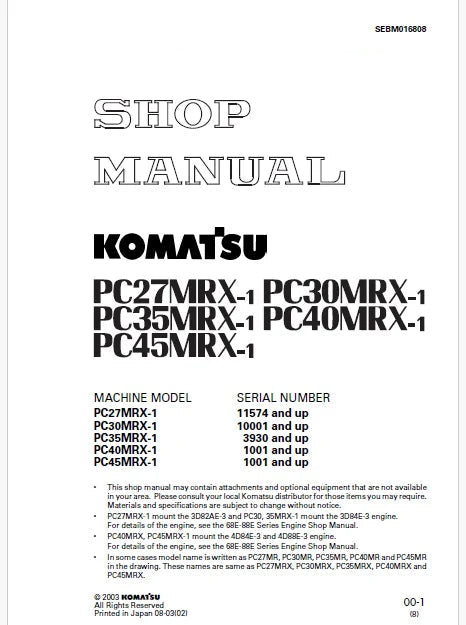 Komatsu PC45MRX-1 Crawler Excavator Pdf Repair Service Manual Sn 1001 and UP