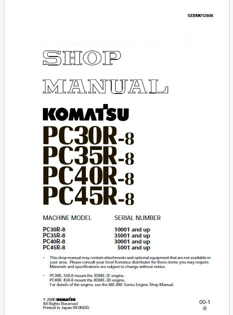 Komatsu PC45R-8 Hydraulic Excavator Pdf Repair Service Manual Sn 5001 and UP