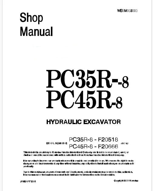 Komatsu PC45R-8 Hydraulic Excavator Pdf Repair Service Manual Sn F20666 and UP