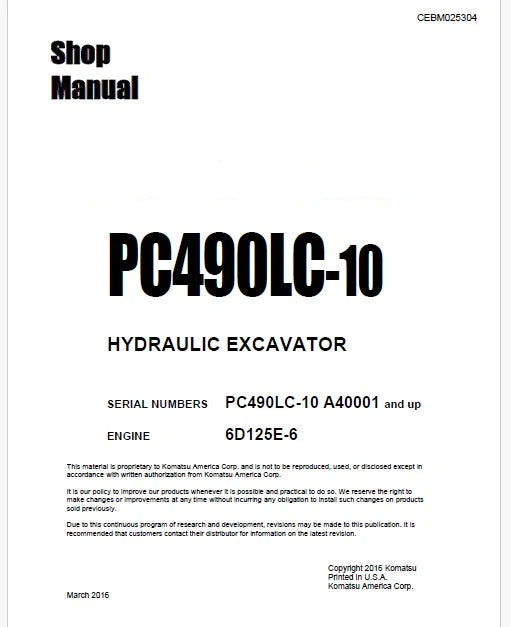 Komatsu PC490LC-10 Hydraulic Excavator Pdf Shop Repair Service Manual Sn A40001 and UP