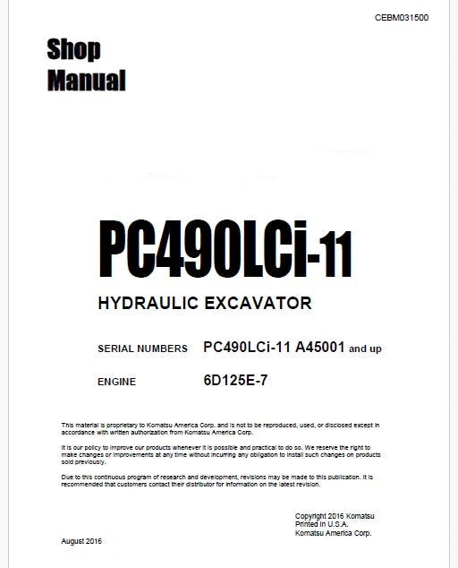 Komatsu PC490LCi-11 Hydraulic Excavator Pdf Shop Repair Service Manual Sn A45001 and UP