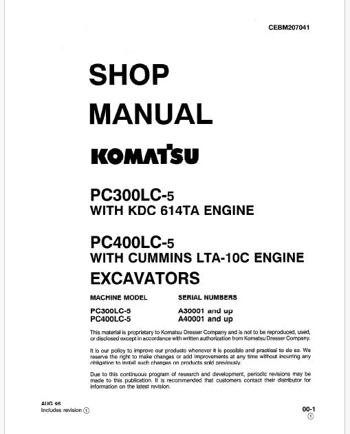 Komatsu PC4OOLC-5 Hydraulic Excavator Pdf Shop Repair Service Manual Sn A40001 and UP