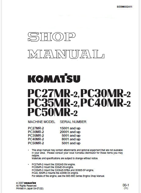 Komatsu PC50MR-2 Hydraulic Excavator Pdf Repair Service Manual Sn 5001 and UP