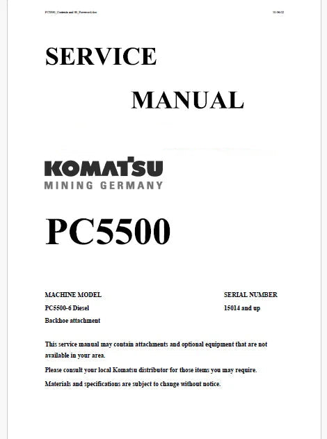 Komatsu PC5500-6 Hydraulic Mining Shovel Pdf Repair Service Manual Sn 15014 and UP