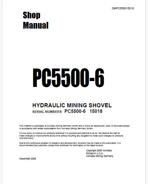 Komatsu PC5500-6 Hydraulic Mining Shovel Pdf Repair Service Manual Sn 15018