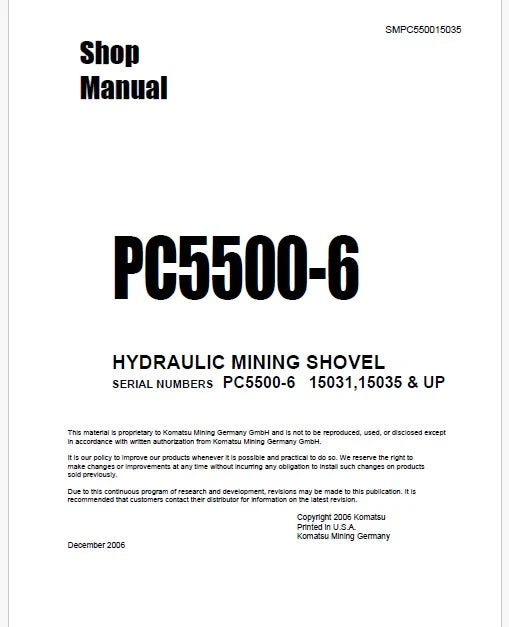 Komatsu PC5500-6 Hydraulic Mining Shovel Pdf Repair Service Manual Sn 15031