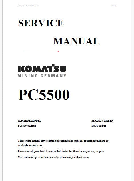 Komatsu PC5500-6 Hydraulic Mining Shovel Pdf Repair Service Manual Sn 15031 and UP