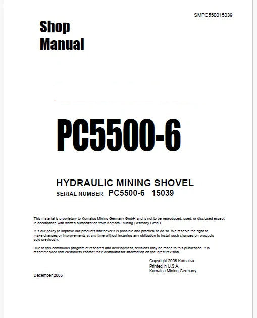 Komatsu PC5500-6 Hydraulic Mining Shovel Pdf Repair Service Manual Sn 15039