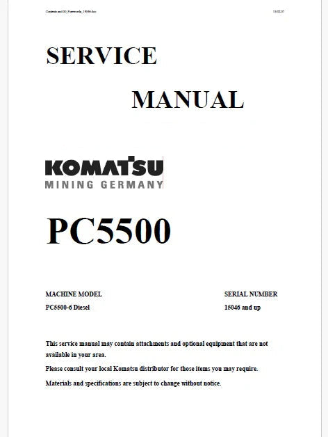 Komatsu PC5500-6 Hydraulic Mining Shovel Pdf Repair Service Manual Sn 15046 and UP