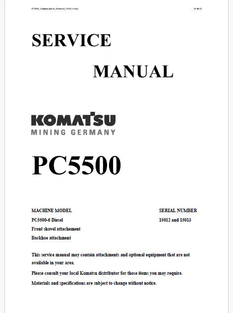 Komatsu PC5500 Hydraulic Mining Shovel Pdf Repair Service Manual Sn 15012