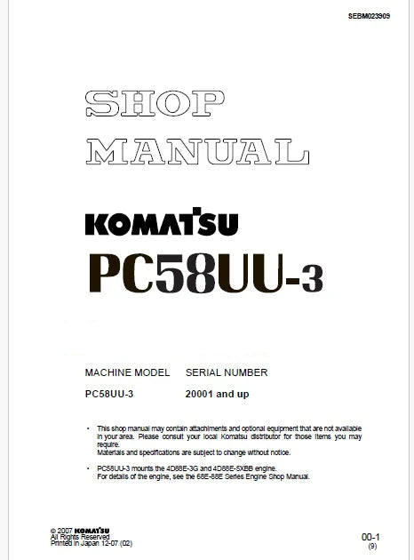 Komatsu PC58UU-3 Hydraulic Excavator Pdf Repair Service Manual Sn 20001 and UP