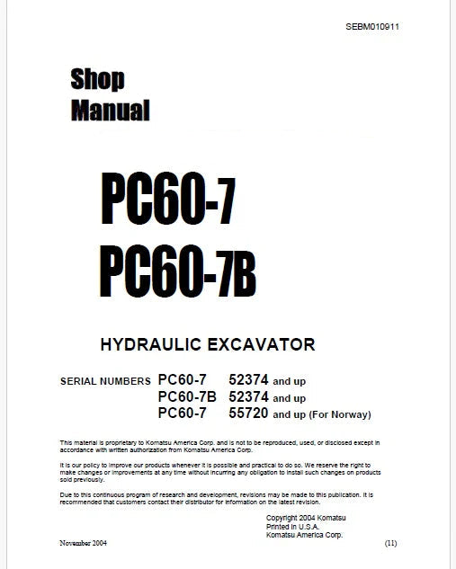 Komatsu PC60-7 Hydraulic Excavator Pdf Repair Service Manual Sn 52374 and UP
