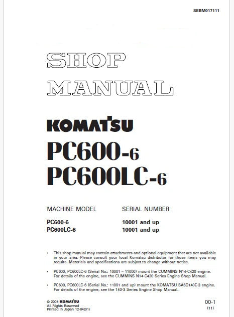 Komatsu PC600-6, PC600LC-6 Hydraulic Excavator Pdf Shop Repair Service Manual Sn 10001 and UP