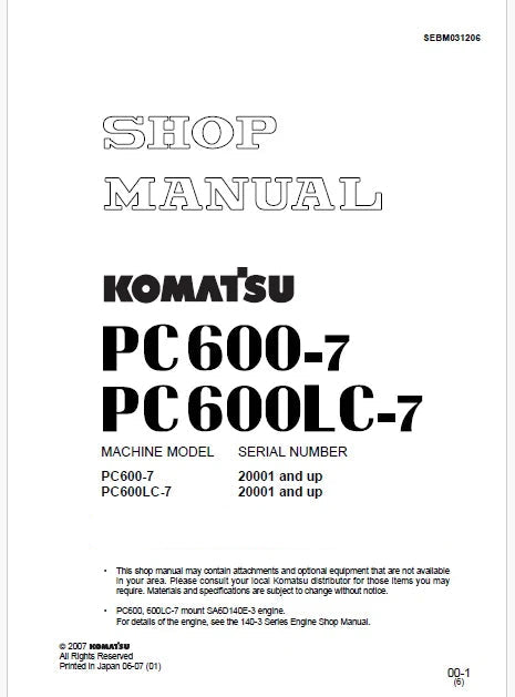 Komatsu PC600-6, PC600LC-6 Hydraulic Excavator Pdf Shop Repair Service Manual Sn 20001 and UP