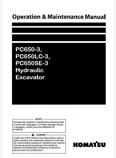Komatsu PC650-3, PC650LC-3, PC650SE-3 Hydraulic Excavator Pdf Operation and Maintenance Manual