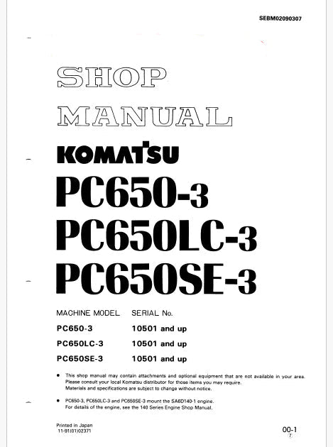Komatsu PC650-3, PC650LC-3, PC650SE-3 Hydraulic Excavator Pdf Shop Repair Service Manual Sn 10501 and UP