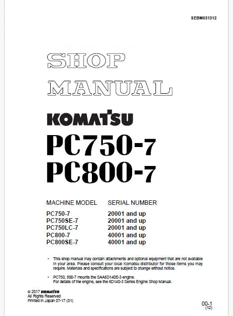 Komatsu PC800-7, PC800SE-7 Hydraulic Excavator Pdf Shop Repair Service Manual Sn 40001 and UP