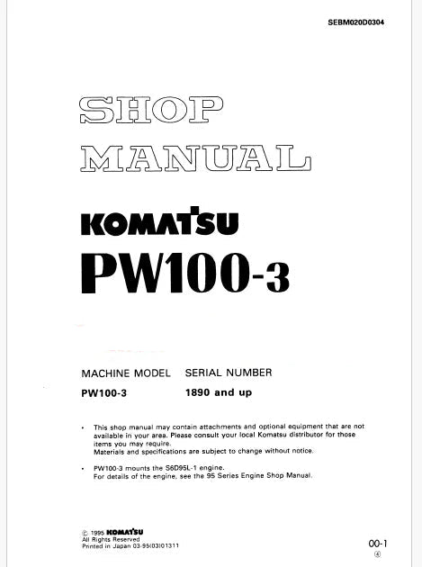 Komatsu PW100-3 Wheeled Excavator Pdf Repair Service Manual Sn 1890 and UP