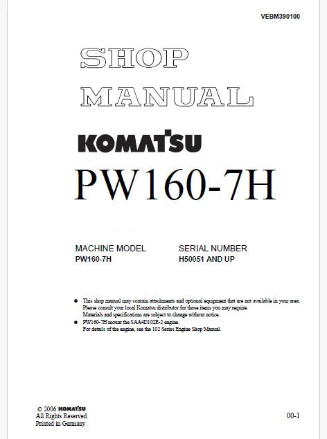 Komatsu PW160-7H Wheeled Excavator Pdf Repair Service Manual Sn H50051 and UP