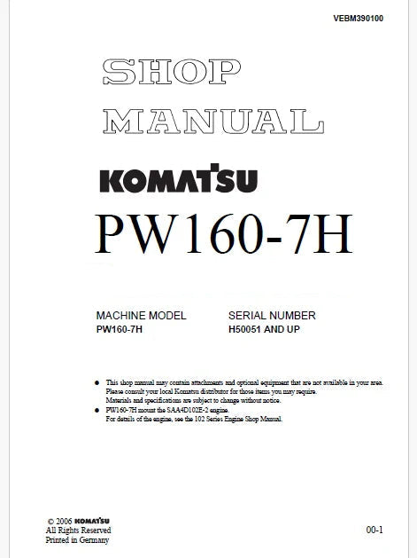 Komatsu PW160-7K Wheeled Excavator Pdf Repair Service Manual Sn K40001 and UP