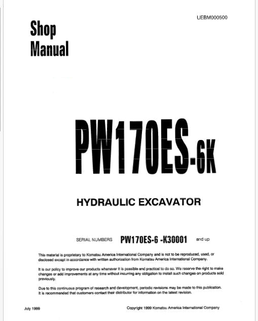 Komatsu PW170ES-6 Hydraulic Excavator Pdf Repair Service Manual Sn K30001 and UP