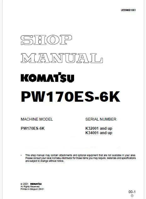 Komatsu PW170ES-6K Hydraulic Excavator Pdf Repair Service Manual Sn K32001 and UP