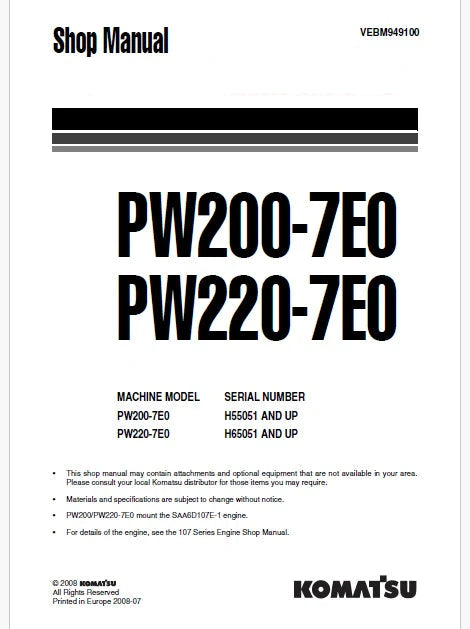 Komatsu PW200-7E0 Hydraulic Excavator Pdf Repair Service Manual Sn H55051 and UP