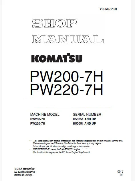 Komatsu PW200-7H, PW220-7H Hydraulic Excavator Pdf Repair Service Manual Sn H50051 and UP