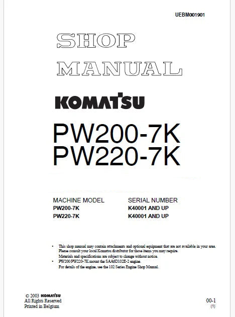Komatsu PW200-7K, PW220-7K Hydraulic Excavator Pdf Repair Service Manual Sn K40001 and UP