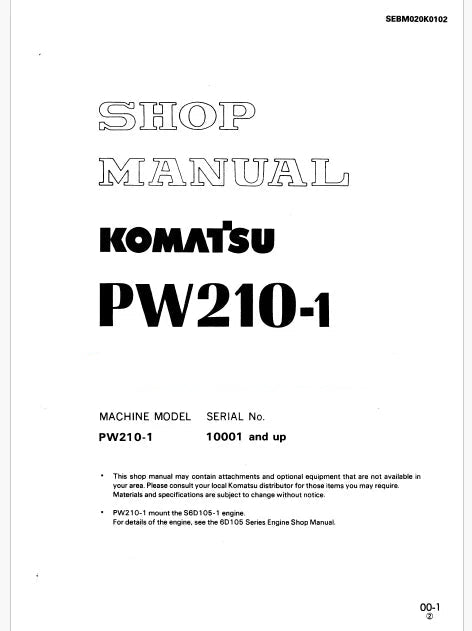 Komatsu PW210-1 Hydraulic Excavator Pdf Repair Service Manual Sn 10001 and UP