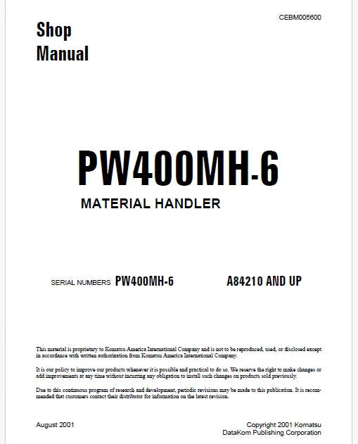 Komatsu PW400MH-6 Material Handler Pdf Repair Service Manual Sn A84210 and UP