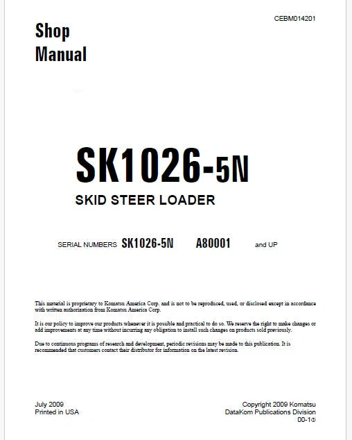 Komatsu SK1026-5N Skid Steer Loader Pdf Repair Service Manual Sn A80001 and UP