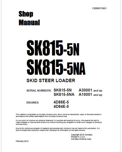 Komatsu SK815-5NA Skid Steer Loader Pdf Repair Service Manual Sn A10001 and UP