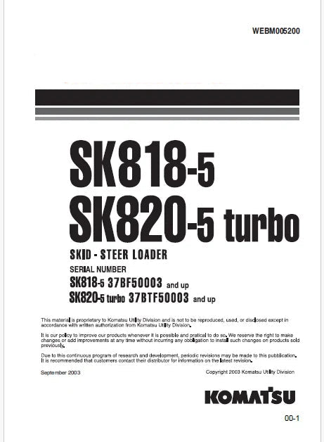 Komatsu SK818-5 Skid Steer Loader Pdf Repair Service Manual Sn 37BF50003 and UP
