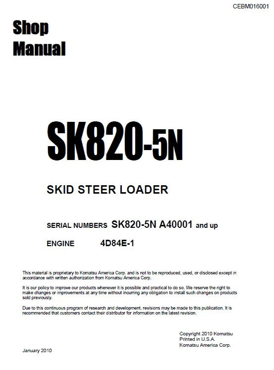 Komatsu SK820-5N Skid Steer Loader Pdf Shop Repair Service Manual (Sn A40001 And Up)