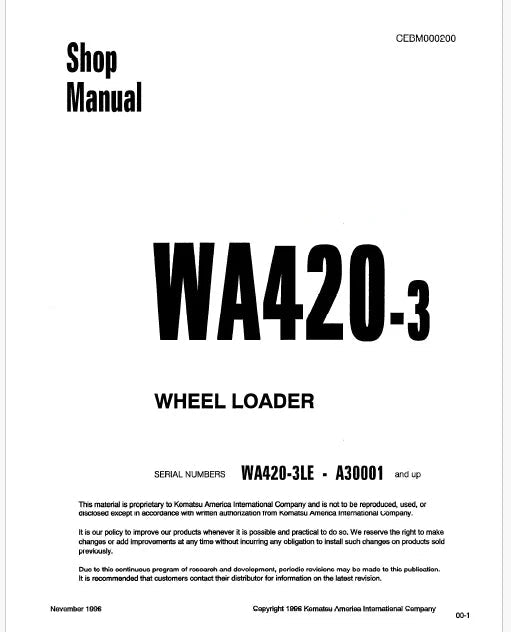 Komatsu VVA420-3 LE Wheel Loader Pdf Repair Service Manual Sn A30001 and UP